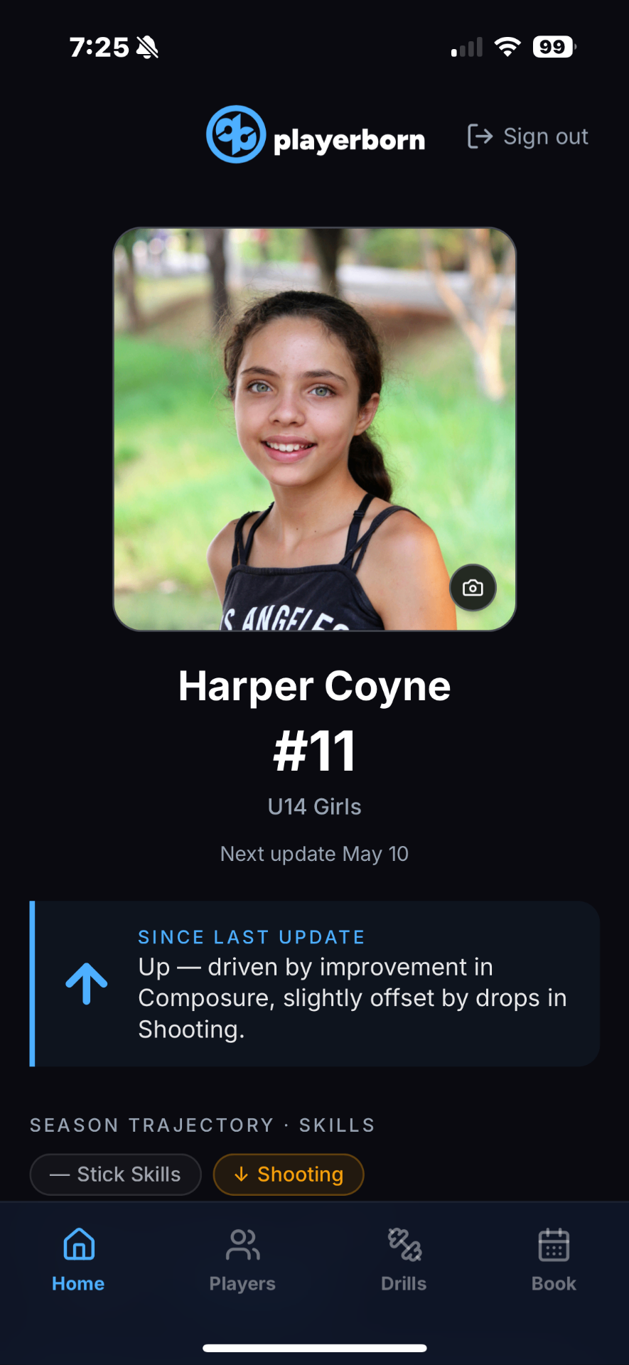 Player surface top scroll, Harper Coyne, Northside U14 Girls — photo hero with #11 jersey overlay and identity strip.