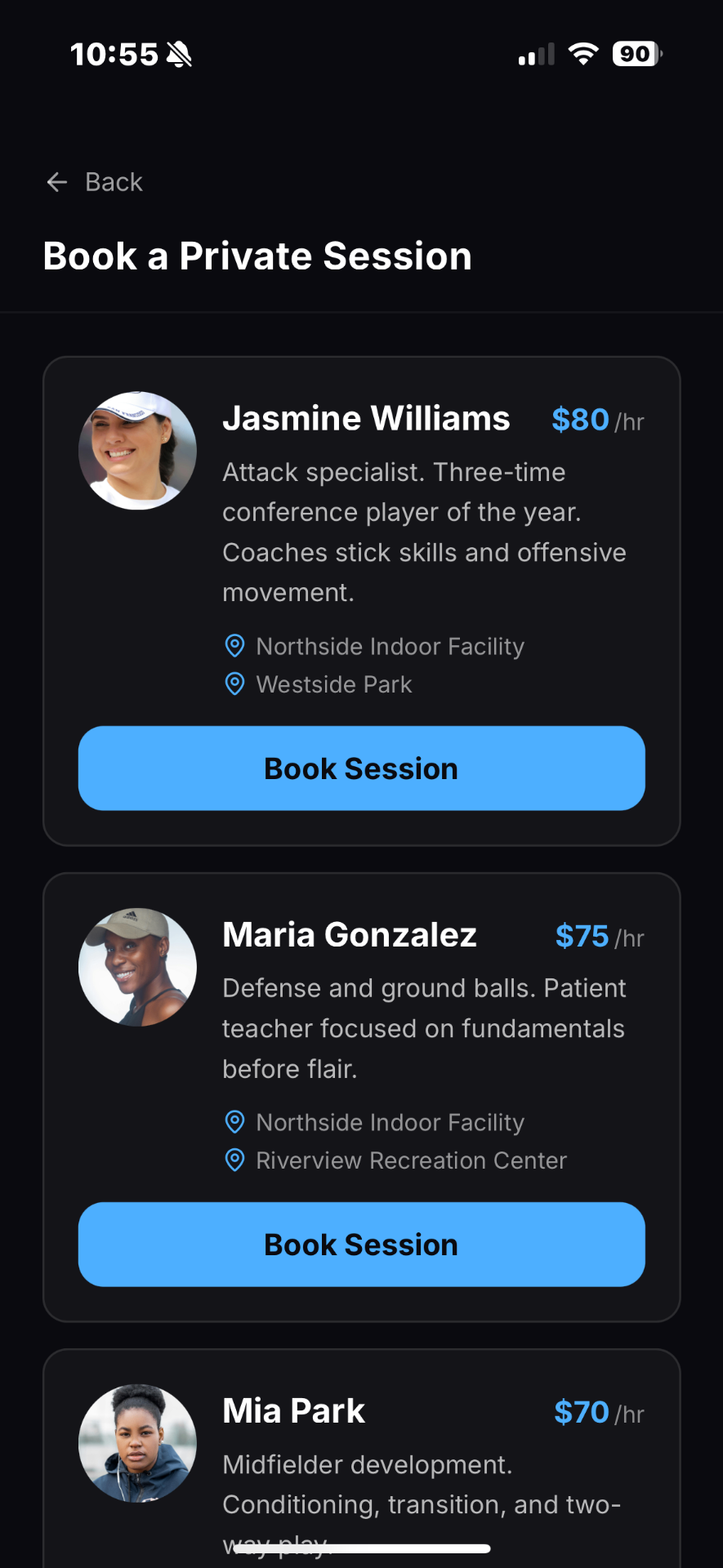 Book a Private Session — marketplace browse list with Jasmine Williams and Maria Gonzalez instructor cards and pricing.