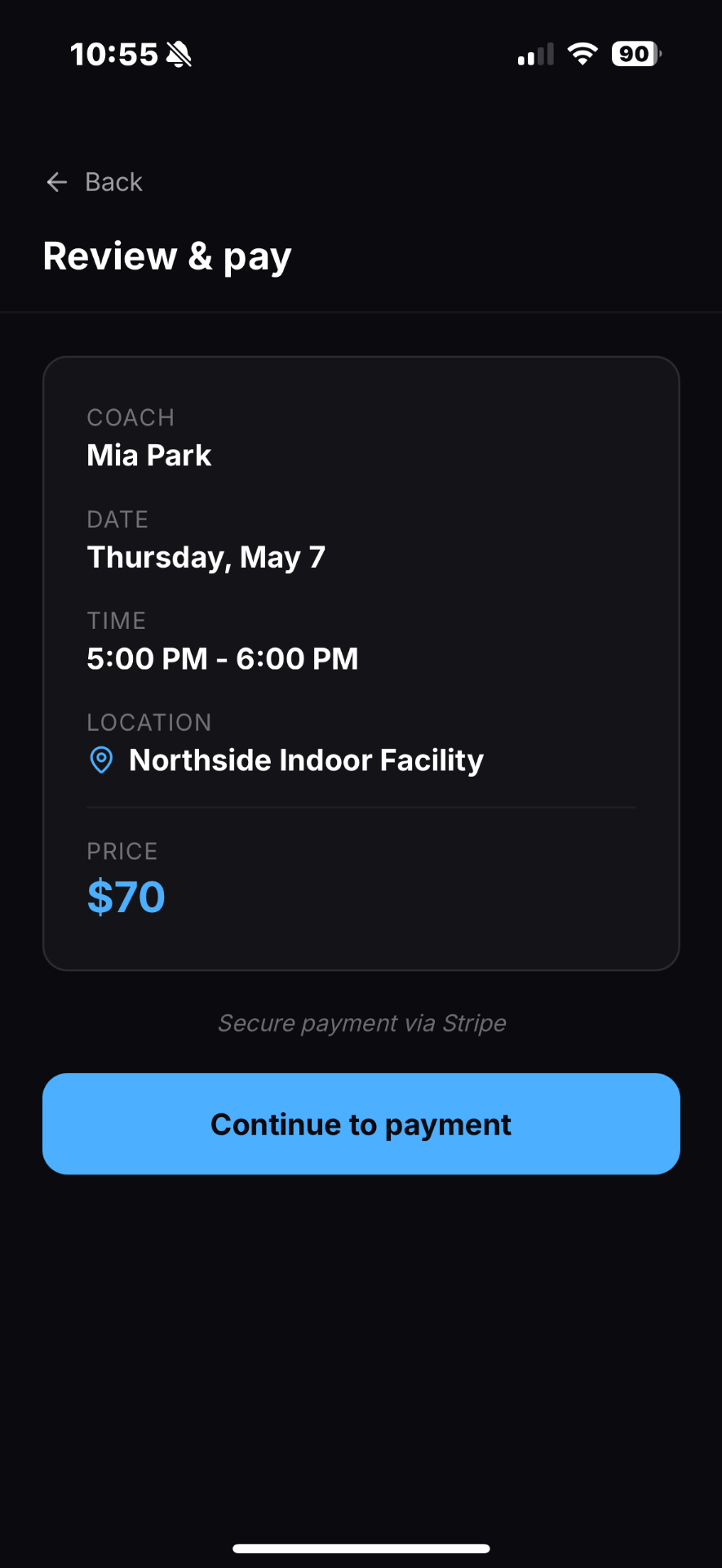 Review & pay — booking confirmation with coach, date, time, location, price, and Continue to payment button.