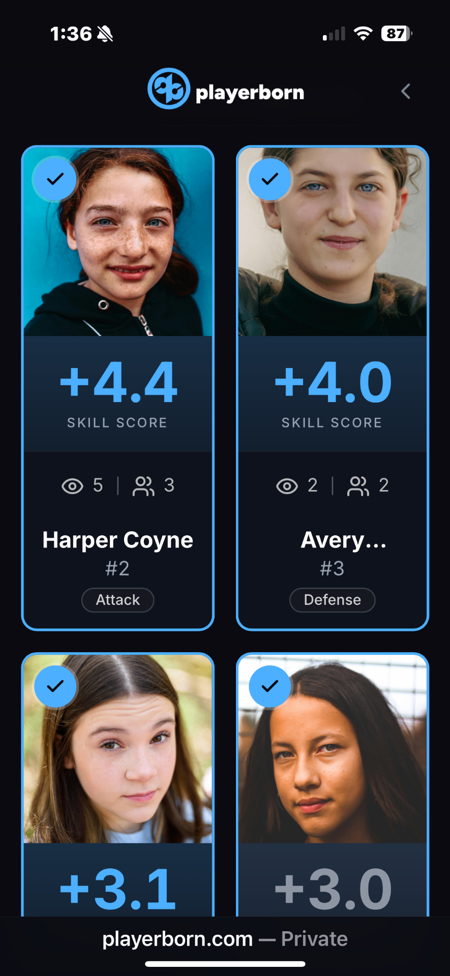 Tryout cohort grid — Harper Coyne, Avery, and others with skill scores and position pills.