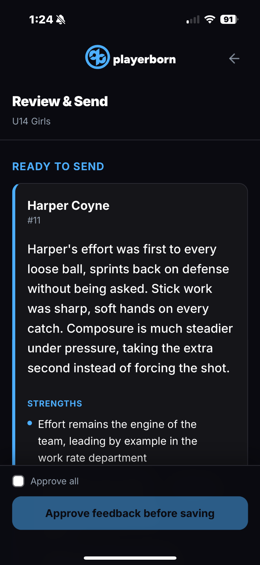 Review & Send, Harper Coyne — narrative summary and Strengths section, ready to send.