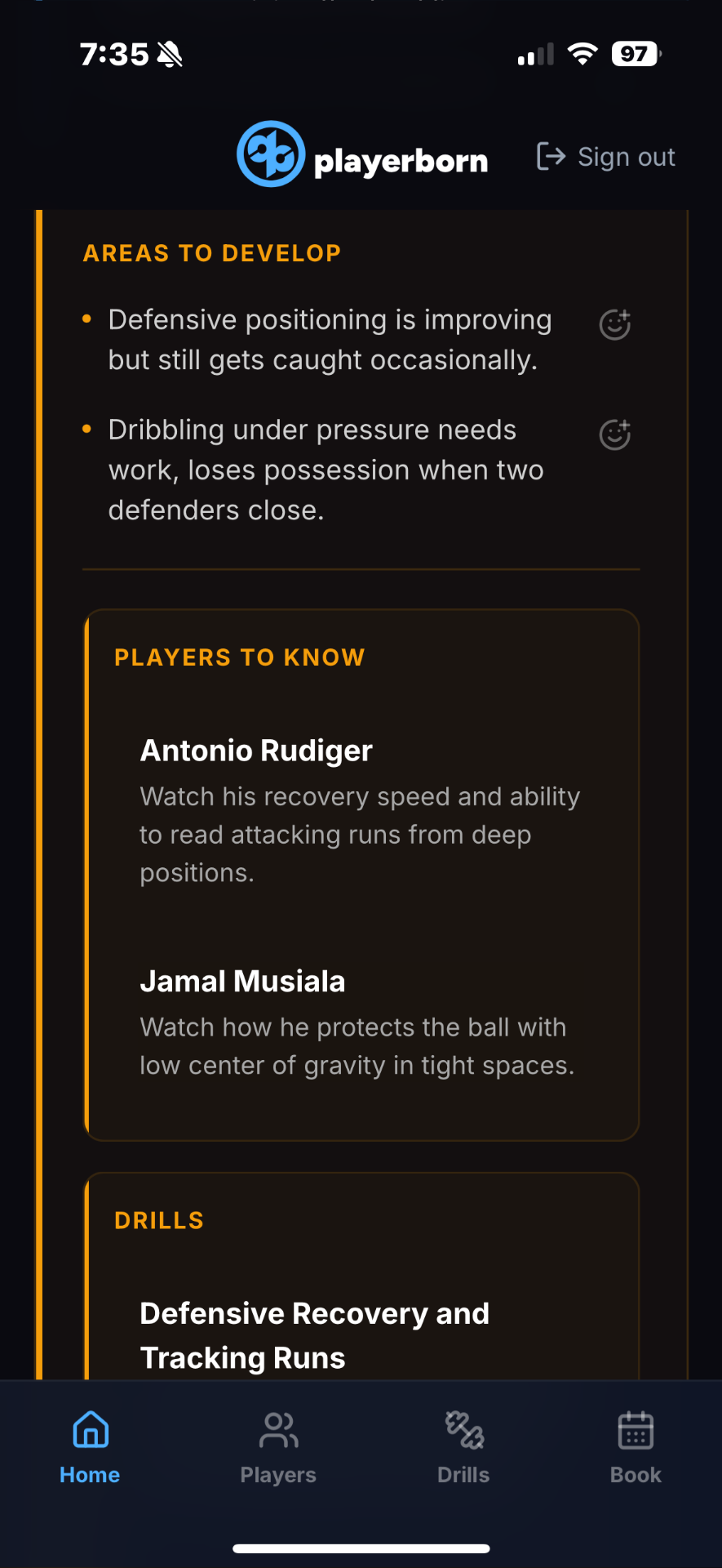 Player surface, Ryan Whitfield (soccer) — Areas to Develop with reaction affordances, Players to Know (Antonio Rudiger, Jamal Musiala), and Drills section.