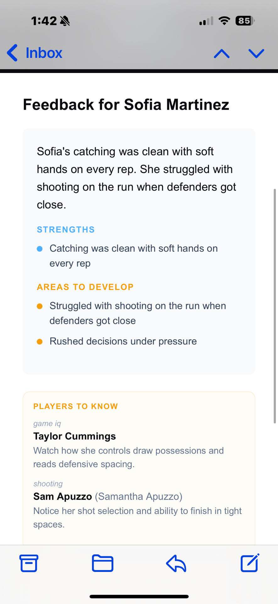 Parent email, Sofia Martinez — iOS Mail rendering of feedback after a privates session, with structured strengths and areas to develop.